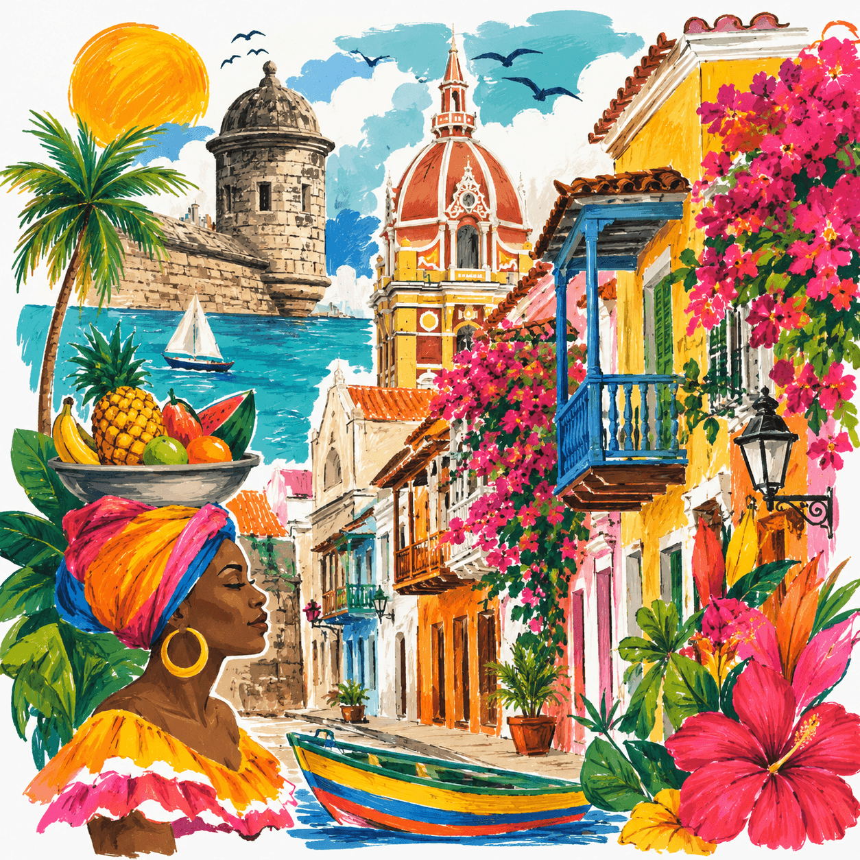 Watercolor illustration of Cartagena's walled old city, harbor, and colonial architecture