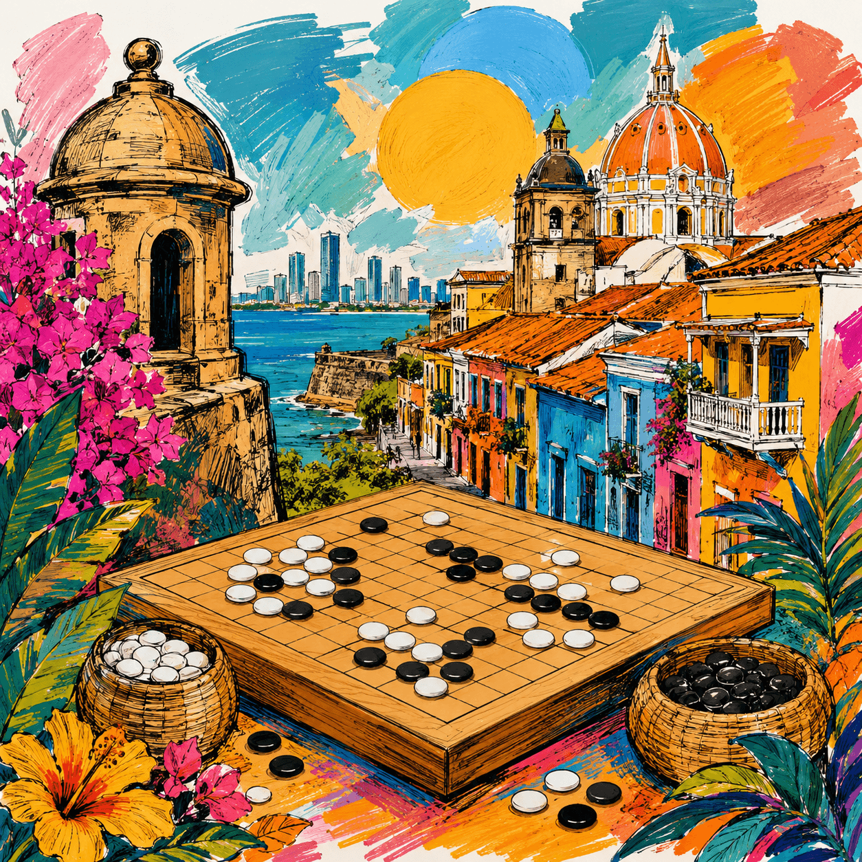 Hand-drawn illustration of a Go board in Cartagena, with colonial streets, the Caribbean Sea, and the city skyline